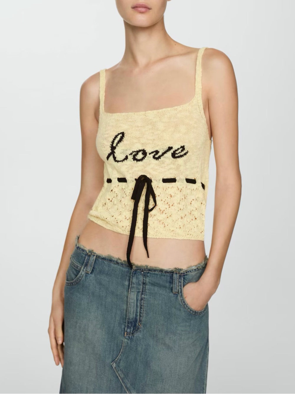 Yellow 'Love' Knit Tank Top with Black Tie
